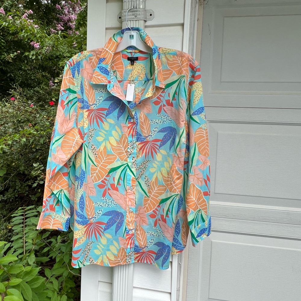NWT Talbots Fun & Lightweight Colorful Tropical Leaves 100% Cotton Blouse